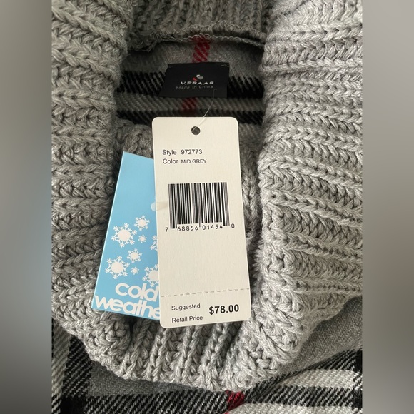 V. Fraas Plaid Gray Red Shawl Tunic length Fringe Knit Cowl Scarf with Buttons - Picture 6 of 6